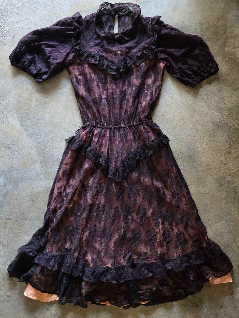 Vintage Black Lace Dress Peach Underlayer XS S